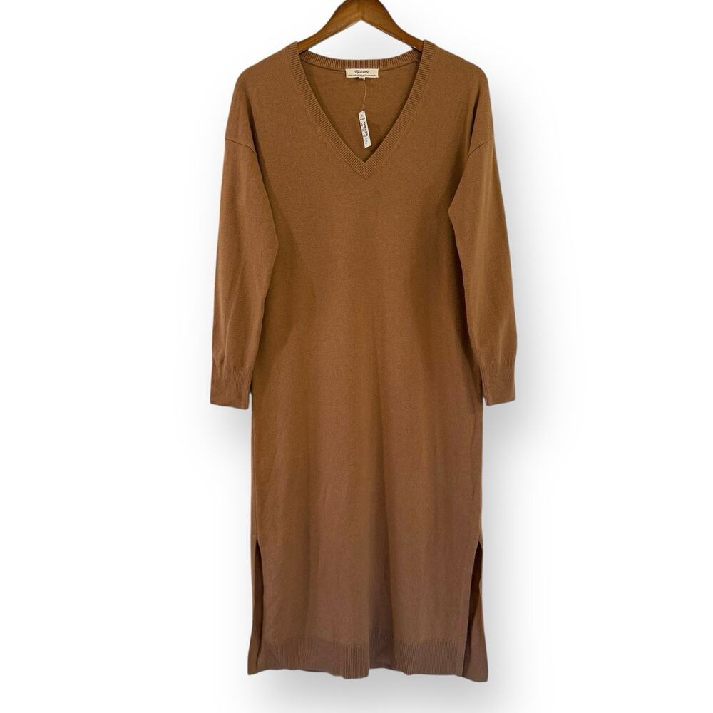Madewell (Re)sourced Cashmere Wool V-Neck Midi Dress S Camel Tan Quiet Luxury - Picture 4 of 13
